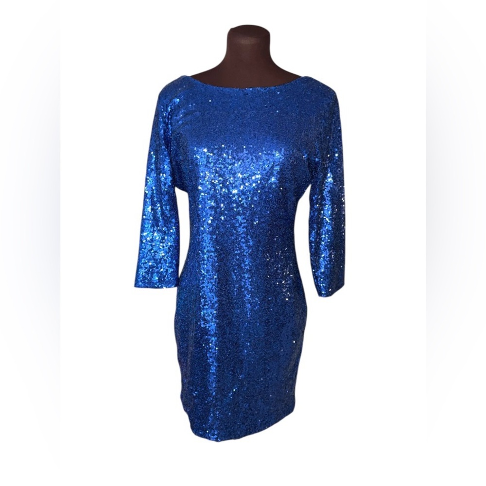 GIANNI BINI Royal Blue All Over Sequins Formal Party Cocktail After Five Dress